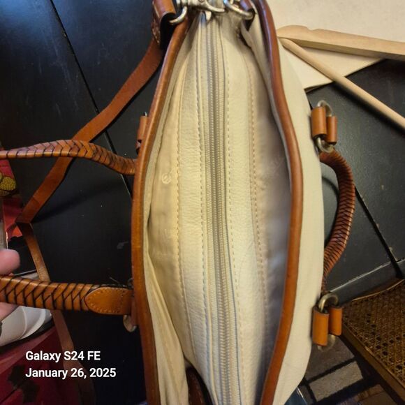 Vintage Fossil Purse Ivory Pebbled Leather Woven Handles Strap Western READ - Picture 5 of 9